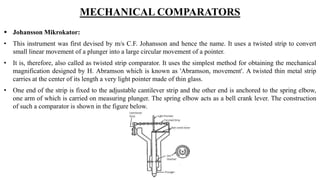MECHANICAL COMPARATORS
 Johansson Mikrokator:
• This instrument was first devised by m/s C.F. Johansson and hence the name. It uses a twisted strip to convert
small linear movement of a plunger into a large circular movement of a pointer.
• It is, therefore, also called as twisted strip comparator. It uses the simplest method for obtaining the mechanical
magnification designed by H. Abramson which is known as 'Abramson, movement'. A twisted thin metal strip
carries at the center of its length a very light pointer made of thin glass.
• One end of the strip is fixed to the adjustable cantilever strip and the other end is anchored to the spring elbow,
one arm of which is carried on measuring plunger. The spring elbow acts as a bell crank lever. The construction
of such a comparator is shown in the figure below.
 