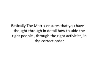 Basically The Matrix ensures that you have
thought through in detail how to uide the
right people , through the right activities, in
the correct order

 