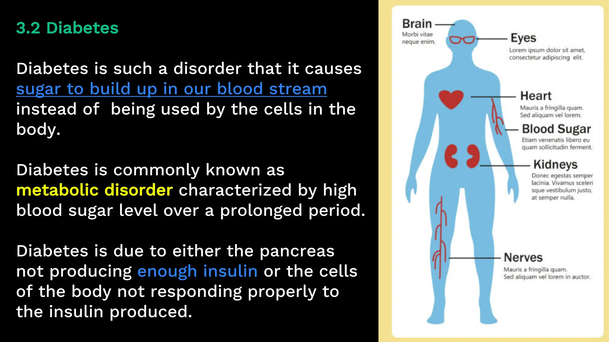 3.2 Diabetes
Diabetes is such a disorder that it causes
sugar to build up in our blood stream
instead of being used by the cells in the
body.
Diabetes is commonly known as
metabolic disorder characterized by high
blood sugar level over a prolonged period.
Diabetes is due to either the pancreas
not producing enough insulin or the cells
of the body not responding properly to
the insulin produced.
 
