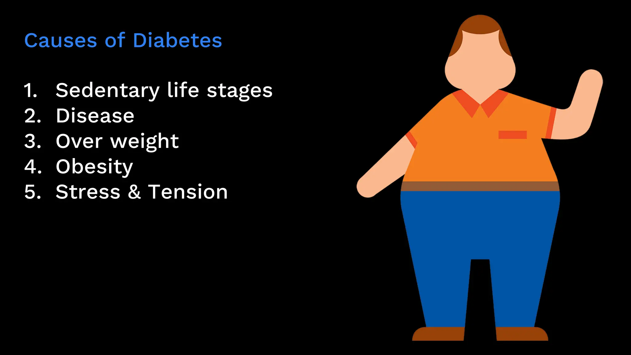 Causes of Diabetes
1. Sedentary life stages
2. Disease
3. Over weight
4. Obesity
5. Stress & Tension
 