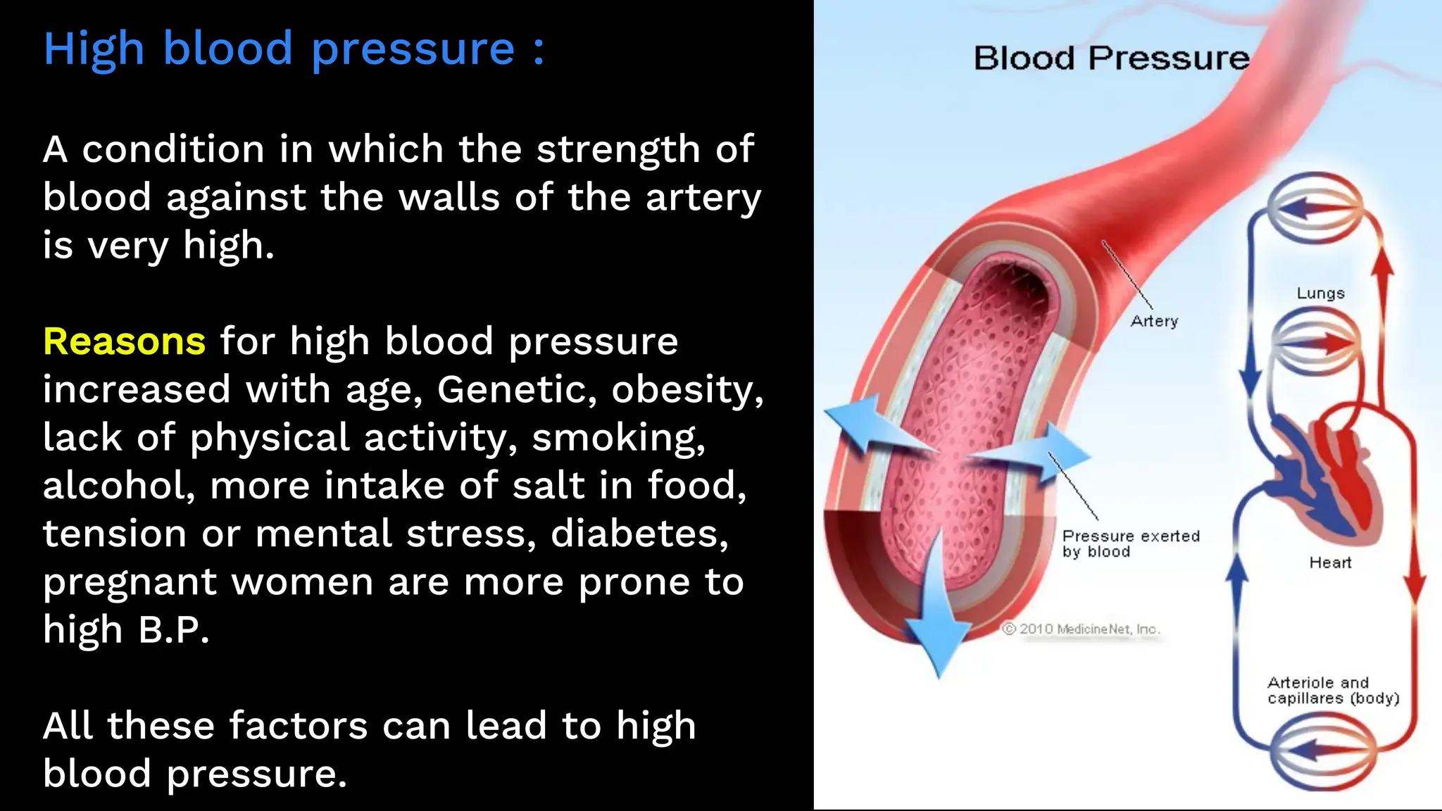 High blood pressure :
A condition in which the strength of
blood against the walls of the artery
is very high.
Reasons for high blood pressure
increased with age, Genetic, obesity,
lack of physical activity, smoking,
alcohol, more intake of salt in food,
tension or mental stress, diabetes,
pregnant women are more prone to
high B.P.
All these factors can lead to high
blood pressure.
 