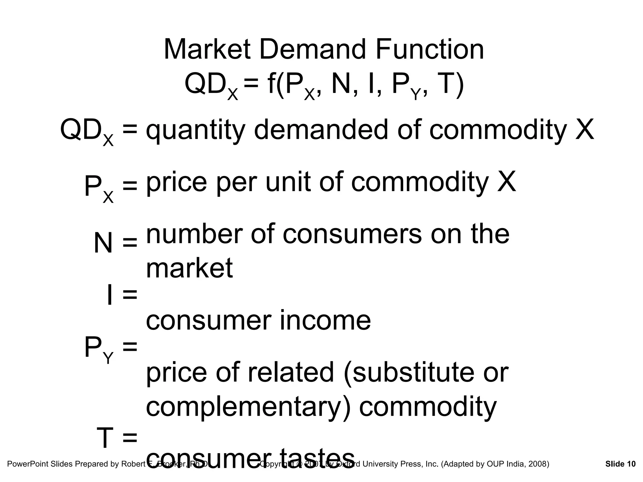 Market Demand Function QD X  = f(P X , N, I, P Y , T) quantity demanded of commodity X price per unit of commodity X number of consumers on the market consumer income price of related (substitute or complementary) commodity consumer tastes QD X  = P X  = N = I = P Y  = T = 