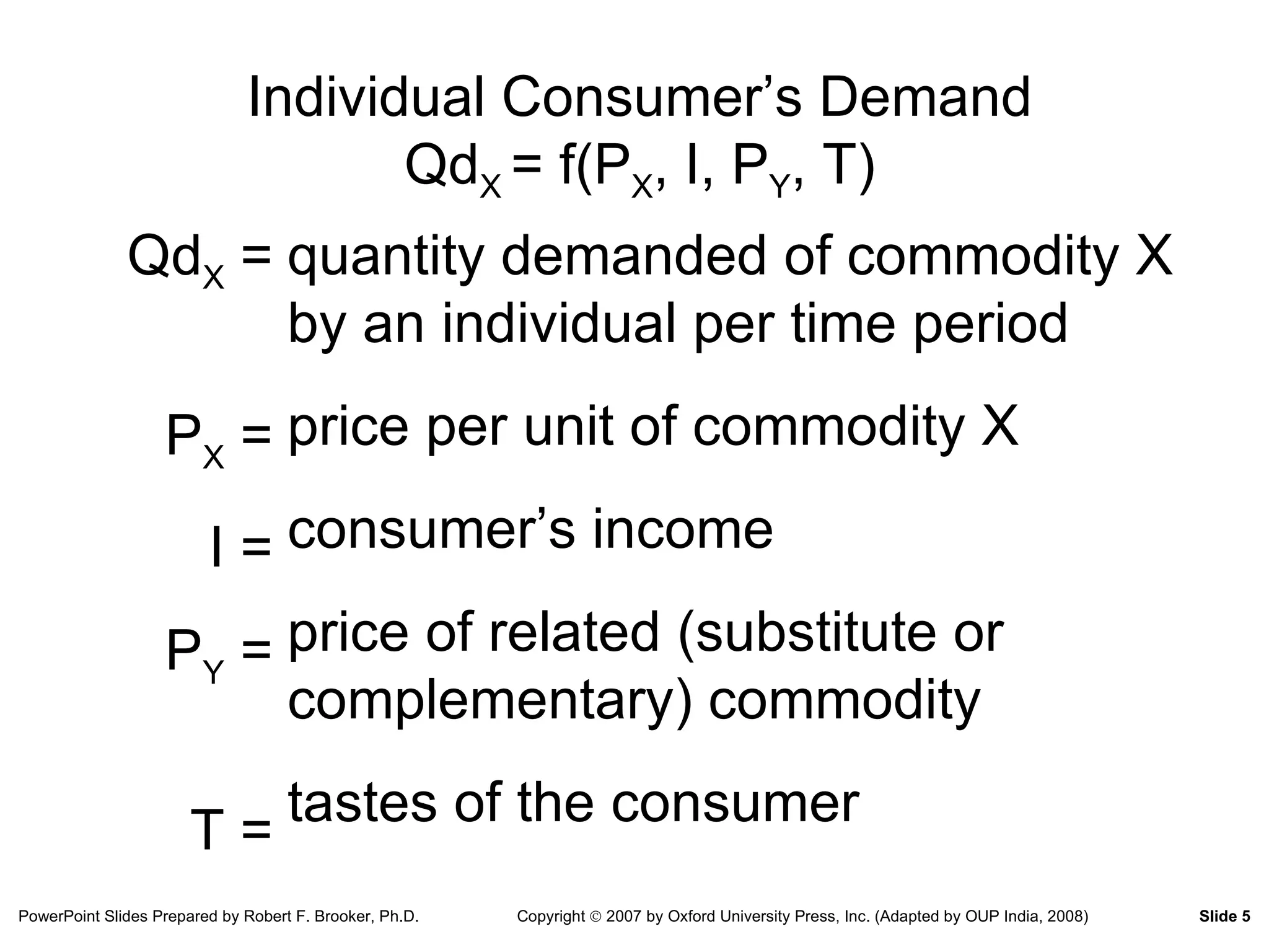 Individual Consumer’s Demand Qd X  = f(P X , I, P Y , T) quantity demanded of commodity X by an individual per time period price per unit of commodity X consumer’s income price of related (substitute or complementary) commodity tastes of the consumer Qd X  = P X  = I = P Y  = T = 