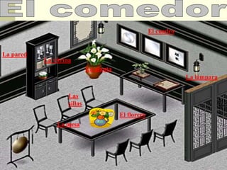 La mesa
Las
sillas
El cuadro
La planta
La vitrina
La lámpara
La pared
El florero
 