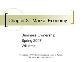 Chapter 3 –Market Economy Business Ownership Spring 2007 Williams C. Greene, (2000). Entrepreneurship Ideas in Action. Cincinnati, OH: South-Western.  
