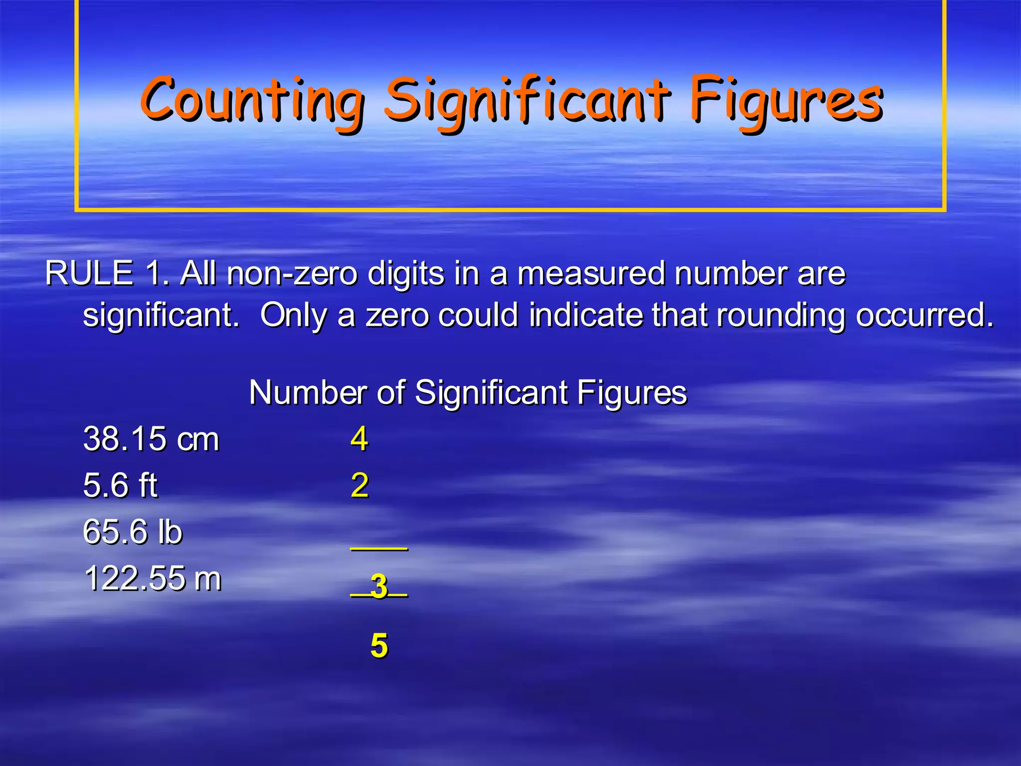 Counting Significant Figures   RULE 1. All non-zero digits in a measured number are significant.  Only a zero could indicate that rounding occurred. Number of Significant Figures 38.15 cm 4 5.6 ft 2 65.6 lb ___ 122.55 m ___ 3 5 