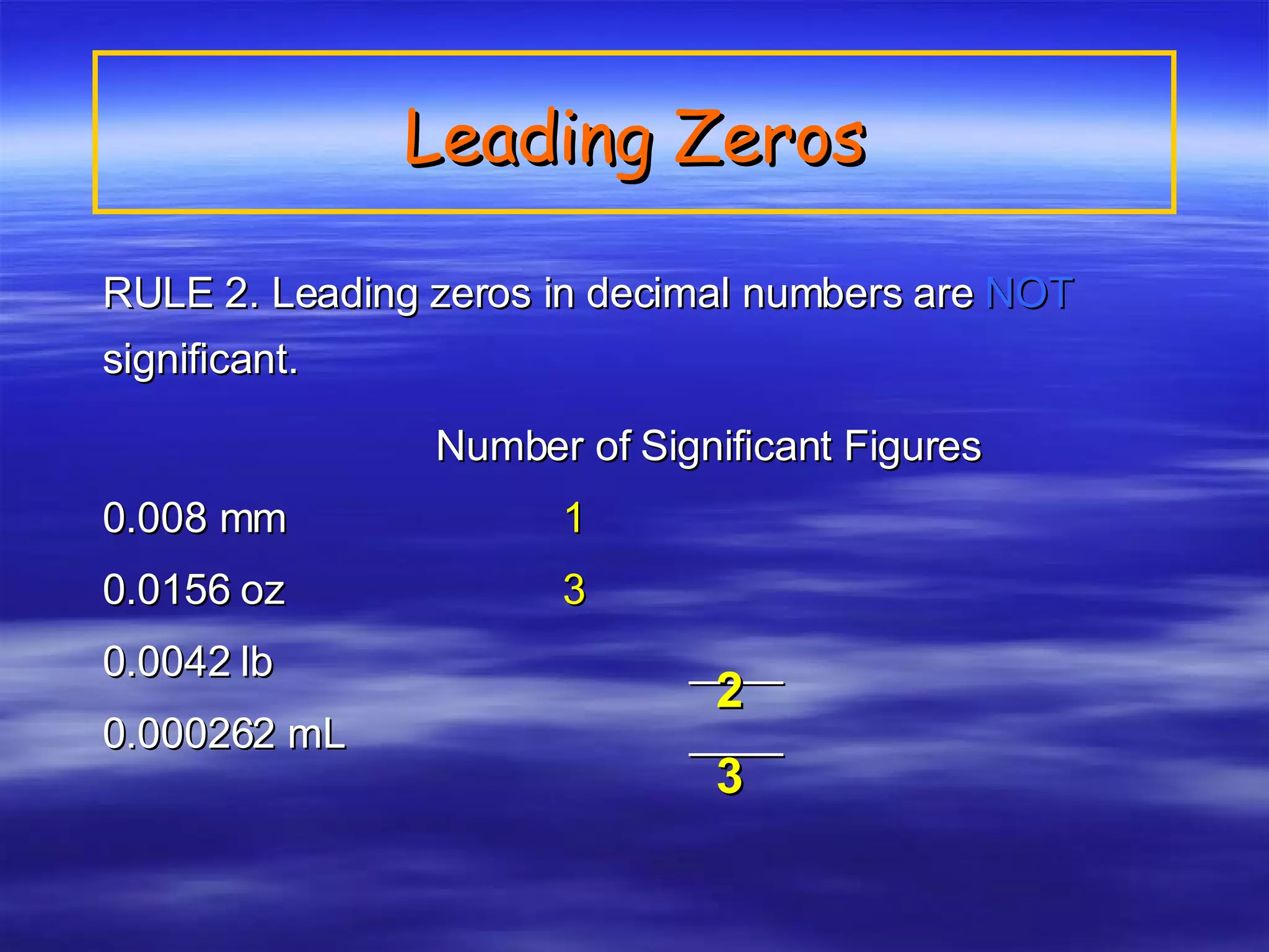 Leading Zeros RULE 2. Leading zeros in decimal numbers are  NOT  significant. Number of Significant Figures 0.008 mm 1 0.0156 oz 3 0.0042 lb ____ 0.000262 mL  ____ 2 3 
