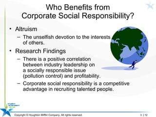Copyright © Houghton Mifflin Company. All rights reserved. 3 | 12
Who Benefits from
Corporate Social Responsibility?
• Altruism
– The unselfish devotion to the interests
of others.
• Research Findings
– There is a positive correlation
between industry leadership on
a socially responsible issue
(pollution control) and profitability.
– Corporate social responsibility is a competitive
advantage in recruiting talented people.
 