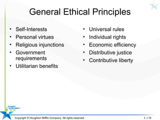 Copyright © Houghton Mifflin Company. All rights reserved. 3 | 18
General Ethical Principles
• Self-Interests
• Personal virtues
• Religious injunctions
• Government
requirements
• Utilitarian benefits
• Universal rules
• Individual rights
• Economic efficiency
• Distributive justice
• Contributive liberty
 