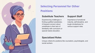 Selecting Personnel for Other
Positions
Substitute Teachers
Experiencing challenges in
finding qualified substitutes;
A frequent concern about
substitutes is their lack of
familiarity with curriculum or
special needs education.
Support Staff
Importance of emotional
maturity, self-discipline, and
tough-mindedness for
various support roles
Specialized Roles
Unique criteria for positions like counselors, psychologists, and
social workers
 