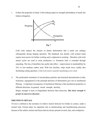 58


i.    It alters the properties of metal. Cold working improves strength and hardness of metal, but
      reduces elongation.




                                                Fig. 7

      Cold work reduces the amount of plastic deformation that a metal can undergo
      subsequently during shaping operation. The hardened, less ductile, cold worked metal
      require more power for further working and is subjected to cracking. Therefore cold work
      anneal cycles are used to assist production i.e. formation limit is extended through
      annealing. The loss of ductilities has useful side effect − improvement in machinability by
      25% in low−medium carbon steel. With less ductility, chips break move readily thus
      facilitating cutting operation. Cold work stock is used for machining screw stock.


ii.   The preferential orientation of second phase particles and structural discontinuities [voids,
      inclusions, segregations] in the principal direction of deformation give rise to mechanical
      fibering. A important consequence of mechanical fibering is that mechanical properties in
      different directions. In general, tensile strength, ductility,
      fatigue strength is more in longitudinal direction than transverse. But shear strength is
      greater in transverse direction.


FRICTION IN METALS
Friction is defined as the resistance to relative motion between two bodies in contact, under a
normal load. Friction plays an important role in metalworking and manufacturing processes
because of the relative motion and forces that are always present on tools, dies, and workpieces.
 