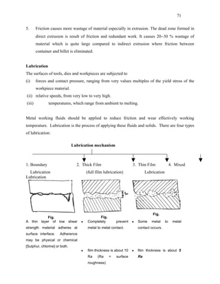 71


5.      Friction causes more wastage of material especially in extrusion. The dead zone formed in
        direct extrusion is result of friction and redundant work. It causes 20−30 % wastage of
        material which is quite large compared to indirect extrusion where friction between
        container and billet is eliminated.


Lubrication
The surfaces of tools, dies and workpieces are subjected to
(i)     forces and contact pressure, ranging from very values multiples of the yield stress of the
        workpiece material.
(ii) relative speeds, from very low to very high.
(iii)            temperatures, which range from ambient to melting.


Metal working fluids should be applied to reduce friction and wear effectively working
temperature. Lubrication is the process of applying these fluids and solids. There are four types
of lubrication:

                                Lubrication mechanism



1. Boundary                        2. Thick Film                        3. Thin Film                4. Mixed
  Lubrication                              (full film lubrication)               Lubrication
Lubrication




                                                                                     Fig.
                 Fig.                             Fig.
A     thin   layer of   low    shear   •   Completely        prevent    •   Some    metal      to    metal
strength material adheres at               metal to metal contact.          contact occurs.
surface interface.      Adherence
may be physical or chemical
[Sulphur, chlorine] or both.
                                       •   film thickness is about 10   •   film thickness is about 5
                                           Ra     (Ra    =   surface        Ra
                                           roughness)
 