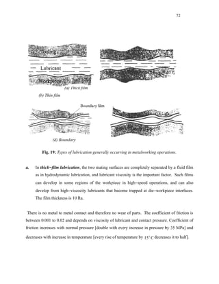72




                       (a) Thick film
       (b) Thin film




                        (c) Mixed
                (d) Boundary

         Fig. 19: Types of lubrication generally occurring in metalworking operations.


a.   In thick− film lubrication, the two mating surfaces are completely separated by a fluid film
     as in hydrodynamic lubrication, and lubricant viscosity is the important factor. Such films
     can develop in some regions of the workpiece in high−speed operations, and can also
     develop from high−viscocity lubricants that become trapped at die−workpiece interfaces.
     The film thickness is 10 Ra.


There is no metal to metal contact and therefore no wear of parts. The coefficient of friction is
between 0.001 to 0.02 and depends on viscosity of lubricant and contact pressure. Coefficient of
friction increases with normal pressure [double with every increase in pressure by 35 MPa] and

decreases with increase in temperature [every rise of temperature by 15  C decreases it to half].
 