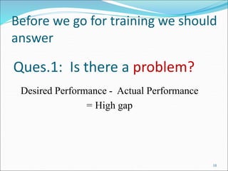 Before we go for training we should
answer
10
Ques.1: Is there a problem?
Desired Performance - Actual Performance
= High gap
 