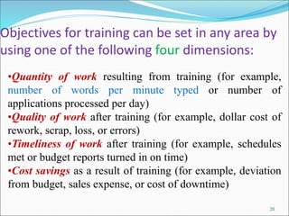 Objectives for training can be set in any area by
using one of the following four dimensions:
20
•Quantity of work resulting from training (for example,
number of words per minute typed or number of
applications processed per day)
•Quality of work after training (for example, dollar cost of
rework, scrap, loss, or errors)
•Timeliness of work after training (for example, schedules
met or budget reports turned in on time)
•Cost savings as a result of training (for example, deviation
from budget, sales expense, or cost of downtime)
 