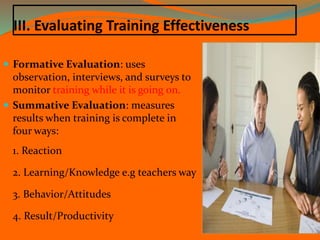 III. Evaluating Training Effectiveness
 Formative Evaluation: uses
observation, interviews, and surveys to
monitor training while it is going on.
 Summative Evaluation: measures
results when training is complete in
four ways:
1. Reaction
2. Learning/Knowledge e.g teachers way
3. Behavior/Attitudes
4. Result/Productivity
23
 