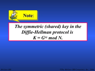 The symmetric (shared) key in the Diffie-Hellman protocol is  K = G xy  mod N. Note : 