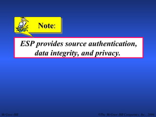 ESP provides source authentication, data integrity, and privacy.  Note : 