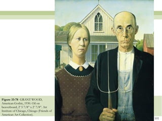 Figure 33-78 GRANT WOOD,
American Gothic, 1930. Oil on
beaverboard, 2’ 5 7/8” x 2’ 7/8”. Art
Institute of Chicago, Chicago (Friends of
American Art Collection).
                                            101
 