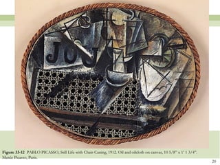 Figure 33-12 PABLO PICASSO, Still Life with Chair-Caning, 1912. Oil and oilcloth on canvas, 10 5/8” x 1’ 1 3/4”.
Musée Picasso, Paris.
                                                                                                                   20
 