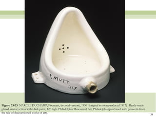 Figure 33-23 MARCEL DUCHAMP, Fountain, (second version), 1950 (original version produced 1917). Ready-made
glazed sanitary china with black paint, 12” high. Philadelphia Museum of Art, Philadelphia (purchased with proceeds from
the sale of deaccessioned works of art).
                                                                                                                           34
 