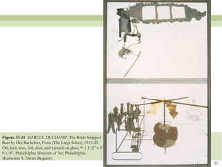 Figure 33-24 MARCEL DUCHAMP, The Bride Stripped
Bare by Her Bachelors, Even (The Large Glass), 1915-23.
Oil, lead, wire, foil, dust, and varnish on glass, 9’ 1 1/2” x 5’
9 1/8”. Philadelphia Museum of Art, Philadelphia
(Katherine S. Dreier Bequest).
                                                                    35
 