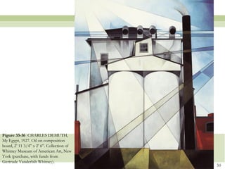Figure 33-36 CHARLES DEMUTH,
My Egypt, 1927. Oil on composition
board, 2’ 11 3/4” x 2’ 6”. Collection of
Whitney Museum of American Art, New
York (purchase, with funds from
Gertrude Vanderbilt Whitney).
                                           50
 