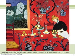 Figure 33-2 HENRI MATISSE, Red Room (Harmony in Red), 1908–1909. Oil on canvas, approx. 5’ 11” x 8’ 1”. State
Hermitage Museum, Saint Petersburg.
                                                                                                                6
 