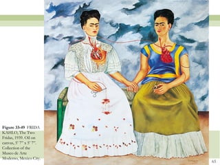 Figure 33-49 FRIDA
KAHLO, The Two
Fridas, 1939. Oil on
canvas, 5’ 7” x 5’ 7”.
Collection of the
Museo de Arte
Moderno, Mexico City.
                         65
 