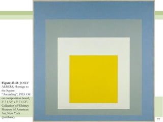 Figure 33-58 JOSEF
ALBERS, Homage to
the Square:
“Ascending”, 1953. Oil
on composition board,
3’ 7 1/2” x 3’ 7 1/2”.
Collection of Whitney
Museum of American
Art, New York
(purchase).
                         77
 