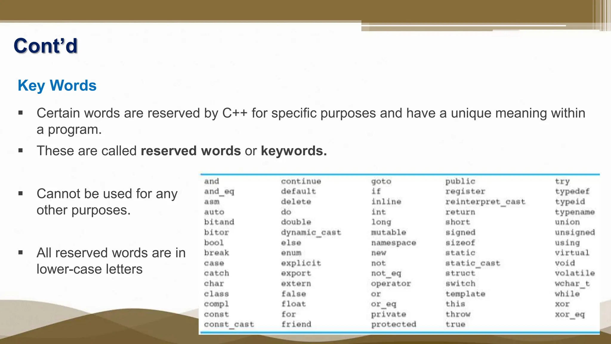 Jan 2023
Cont’d
Key Words
 Certain words are reserved by C++ for specific purposes and have a unique meaning within
a program.
 These are called reserved words or keywords.
 Cannot be used for any
other purposes.
 All reserved words are in
lower-case letters
 