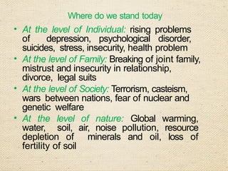 Where do we stand today
• At the level of Individual: rising problems
of depression, psychological disorder,
suicides, stress, insecurity, health problem
• At the level of Family: Breaking of joint family,
mistrust and insecurity in relationship,
divorce, legal suits
• At the level of Society: Terrorism, casteism,
wars between nations, fear of nuclear and
genetic welfare
• At the level of nature: Global warming,
water, soil, air, noise pollution, resource
depletion of minerals and oil, loss of
fertility of soil
 