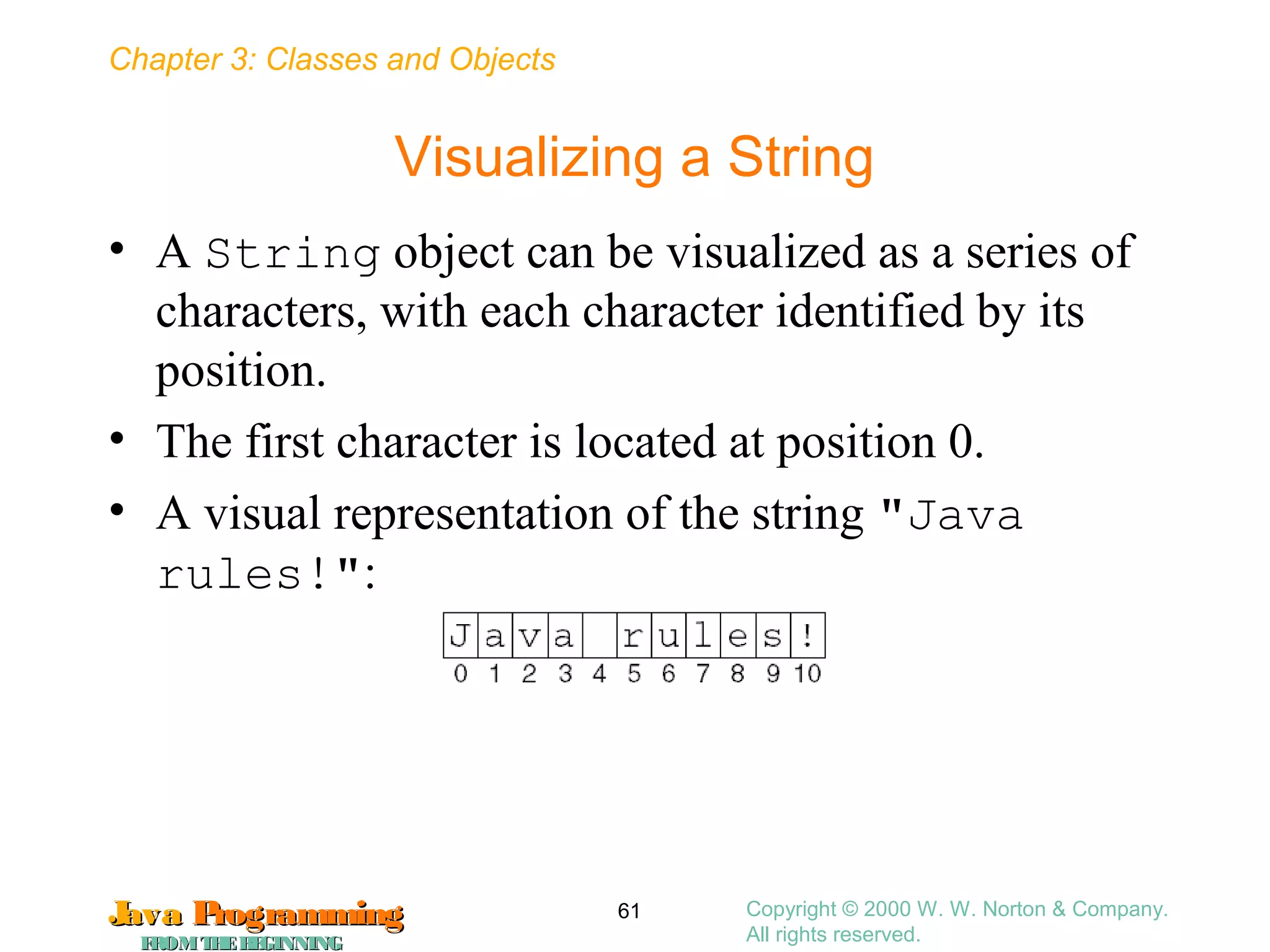 Chapter 3: Classes and Objects
JavaJava ProgrammingProgramming
FROMTHEBEGINNINGFROMTHEBEGINNING
Copyright © 2000 W. W. Norton & Company.
All rights reserved.
61
Visualizing a String
• A String object can be visualized as a series of
characters, with each character identified by its
position.
• The first character is located at position 0.
• A visual representation of the string "Java
rules!":
 