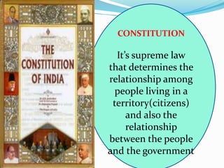 CONSTITUTION
It’s supreme law
that determines the
relationship among
people living in a
territory(citizens)
and also the
relationship
between the people
and the government
 