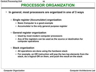 10
Central Processing Unit
Computer Organization Computer Architectures Lab
PROCESSOR ORGANIZATION
• In general, most processors are organized in one of 3 ways
– Single register (Accumulator) organization
» Basic Computer is a good example
» Accumulator is the only general purpose register
– General register organization
» Used by most modern computer processors
» Any of the registers can be used as the source or destination for
computer operations
– Stack organization
» All operations are done using the hardware stack
» For example, an OR instruction will pop the two top elements from the
stack, do a logical OR on them, and push the result on the stack
 