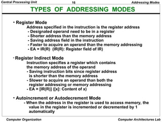 16
Central Processing Unit
Computer Organization Computer Architectures Lab
TYPES OF ADDRESSING MODES
• Register Mode
Address specified in the instruction is the register address
- Designated operand need to be in a register
- Shorter address than the memory address
- Saving address field in the instruction
- Faster to acquire an operand than the memory addressing
- EA = IR(R) (IR(R): Register field of IR)
• Register Indirect Mode
Instruction specifies a register which contains
the memory address of the operand
- Saving instruction bits since register address
is shorter than the memory address
- Slower to acquire an operand than both the
register addressing or memory addressing
- EA = [IR(R)] ([x]: Content of x)
• Autoincrement or Autodecrement Mode
- When the address in the register is used to access memory, the
value in the register is incremented or decremented by 1
automatically
Addressing Modes
 