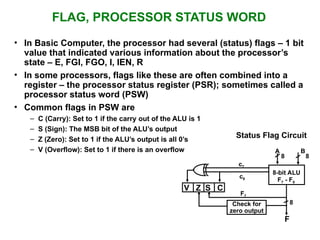 FLAG, PROCESSOR STATUS WORD
• In Basic Computer, the processor had several (status) flags – 1 bit
value that indicated various information about the processor’s
state – E, FGI, FGO, I, IEN, R
• In some processors, flags like these are often combined into a
register – the processor status register (PSR); sometimes called a
processor status word (PSW)
• Common flags in PSW are
– C (Carry): Set to 1 if the carry out of the ALU is 1
– S (Sign): The MSB bit of the ALU’s output
– Z (Zero): Set to 1 if the ALU’s output is all 0’s
– V (Overflow): Set to 1 if there is an overflow
Status Flag Circuit
c7
c8
A B
8 8
8-bit ALU
V Z S C
F7
F7 - F0
8
F
Check for
zero output
 