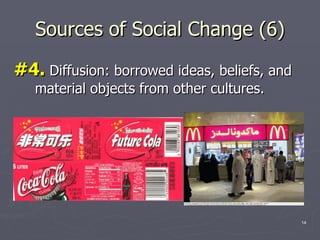 Sources of Social Change (6) #4.  Diffusion: borrowed ideas, beliefs, and material objects from other cultures. 