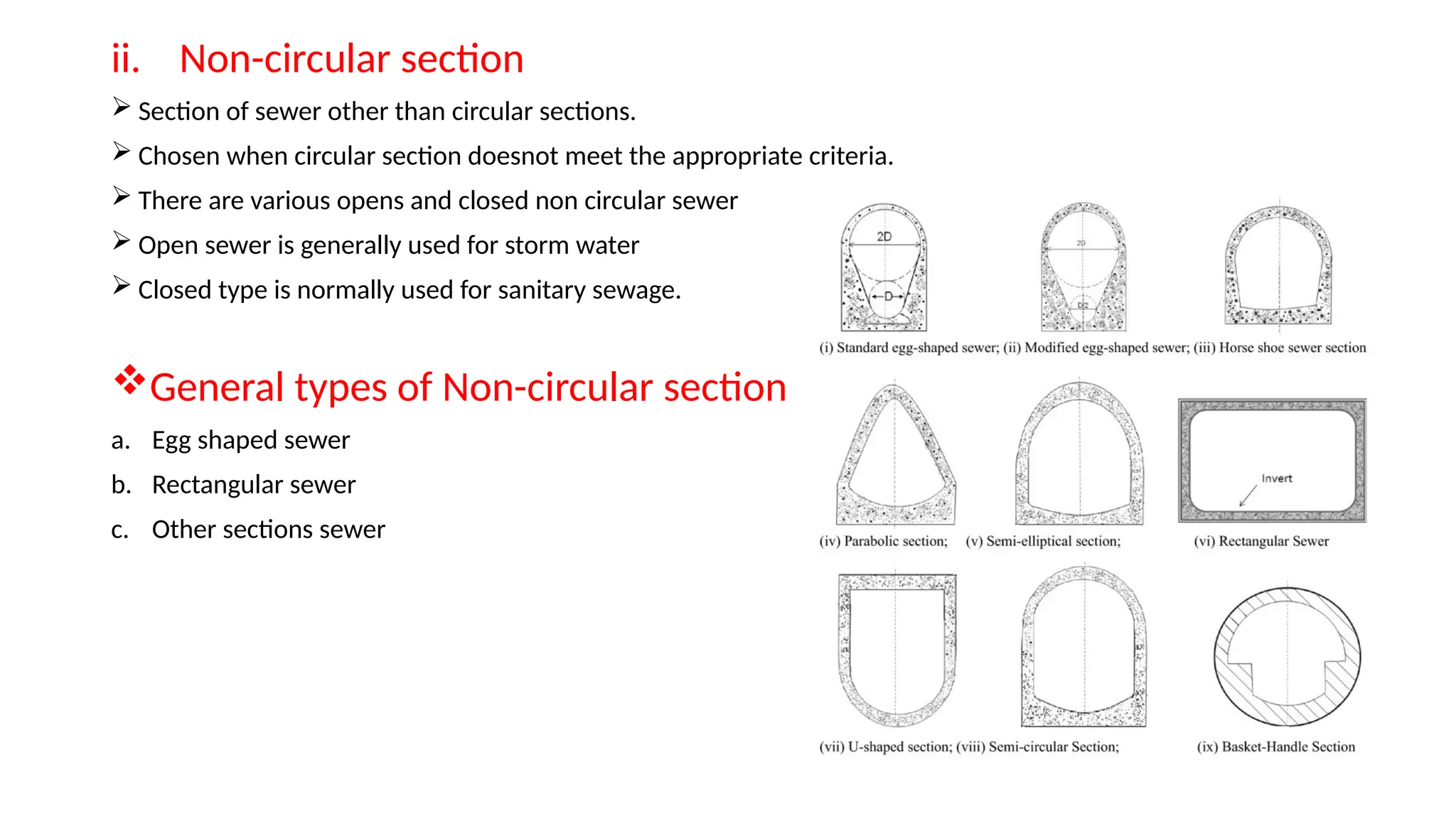 ii. Non-circular section
 Section of sewer other than circular sections.
 Chosen when circular section doesnot meet the appropriate criteria.
 There are various opens and closed non circular sewer
 Open sewer is generally used for storm water
 Closed type is normally used for sanitary sewage.
General types of Non-circular section
a. Egg shaped sewer
b. Rectangular sewer
c. Other sections sewer
 
