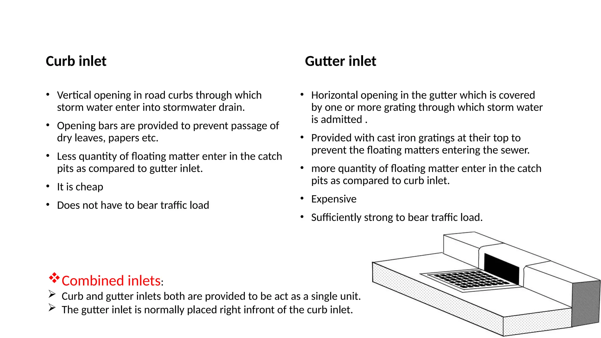 Curb inlet
• Vertical opening in road curbs through which
storm water enter into stormwater drain.
• Opening bars are provided to prevent passage of
dry leaves, papers etc.
• Less quantity of floating matter enter in the catch
pits as compared to gutter inlet.
• It is cheap
• Does not have to bear traffic load
Gutter inlet
• Horizontal opening in the gutter which is covered
by one or more grating through which storm water
is admitted .
• Provided with cast iron gratings at their top to
prevent the floating matters entering the sewer.
• more quantity of floating matter enter in the catch
pits as compared to curb inlet.
• Expensive
• Sufficiently strong to bear traffic load.
Combined inlets:
 Curb and gutter inlets both are provided to be act as a single unit.
 The gutter inlet is normally placed right infront of the curb inlet.
 
