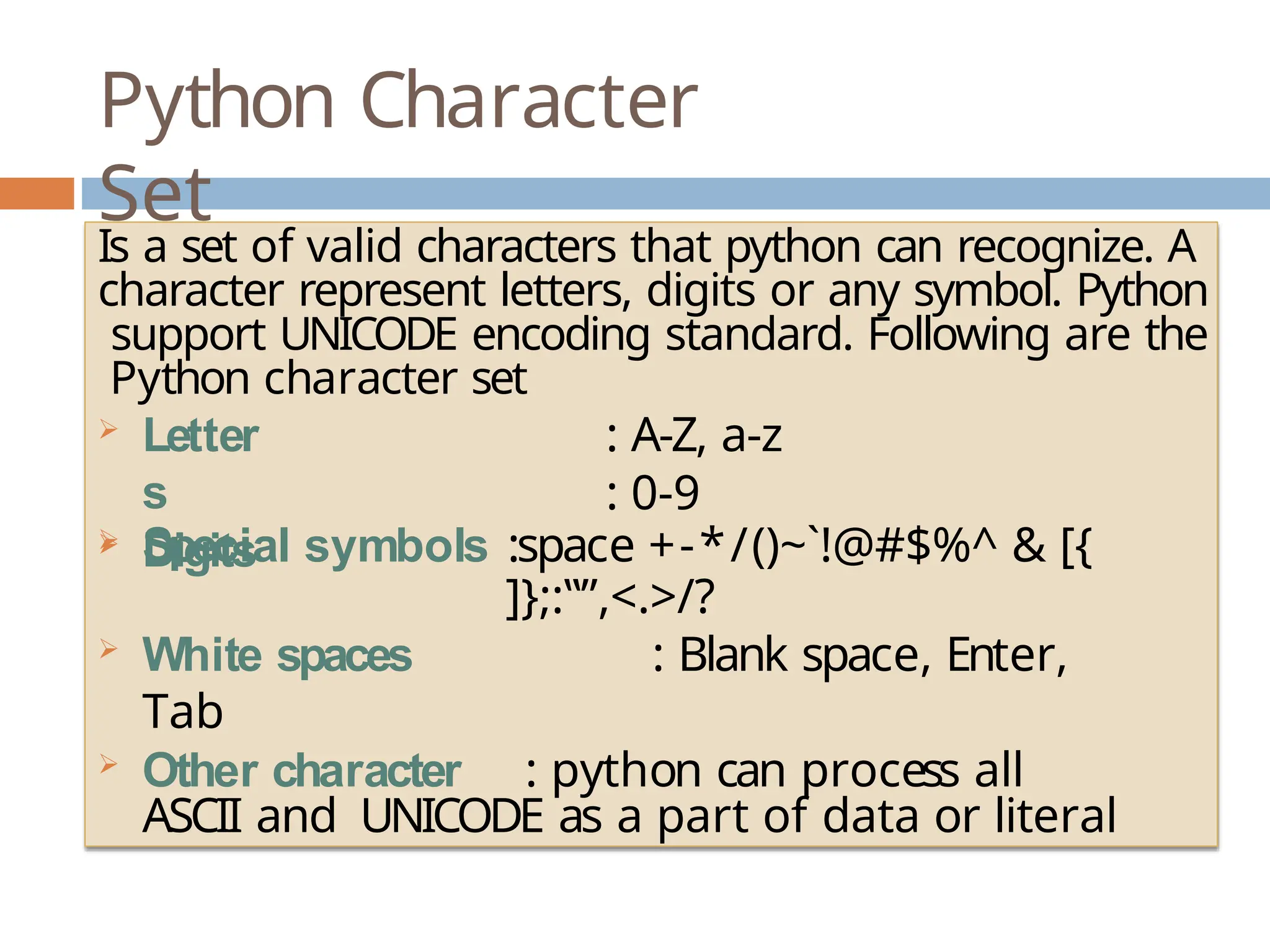 Python Character Set Is a set of valid characters that python can recognize. A character represent letters, digits or any symbol. Python support UNICODE encoding standard. Following are the Python character set  Letter s  Digits : A-Z, a-z : 0-9  Special symbols :space +-*/()~`!@#$%^ & [{ ]};:‟”,<.>/?  White spaces : Blank space, Enter, Tab  Other character : python can process all ASCII and UNICODE as a part of data or literal 