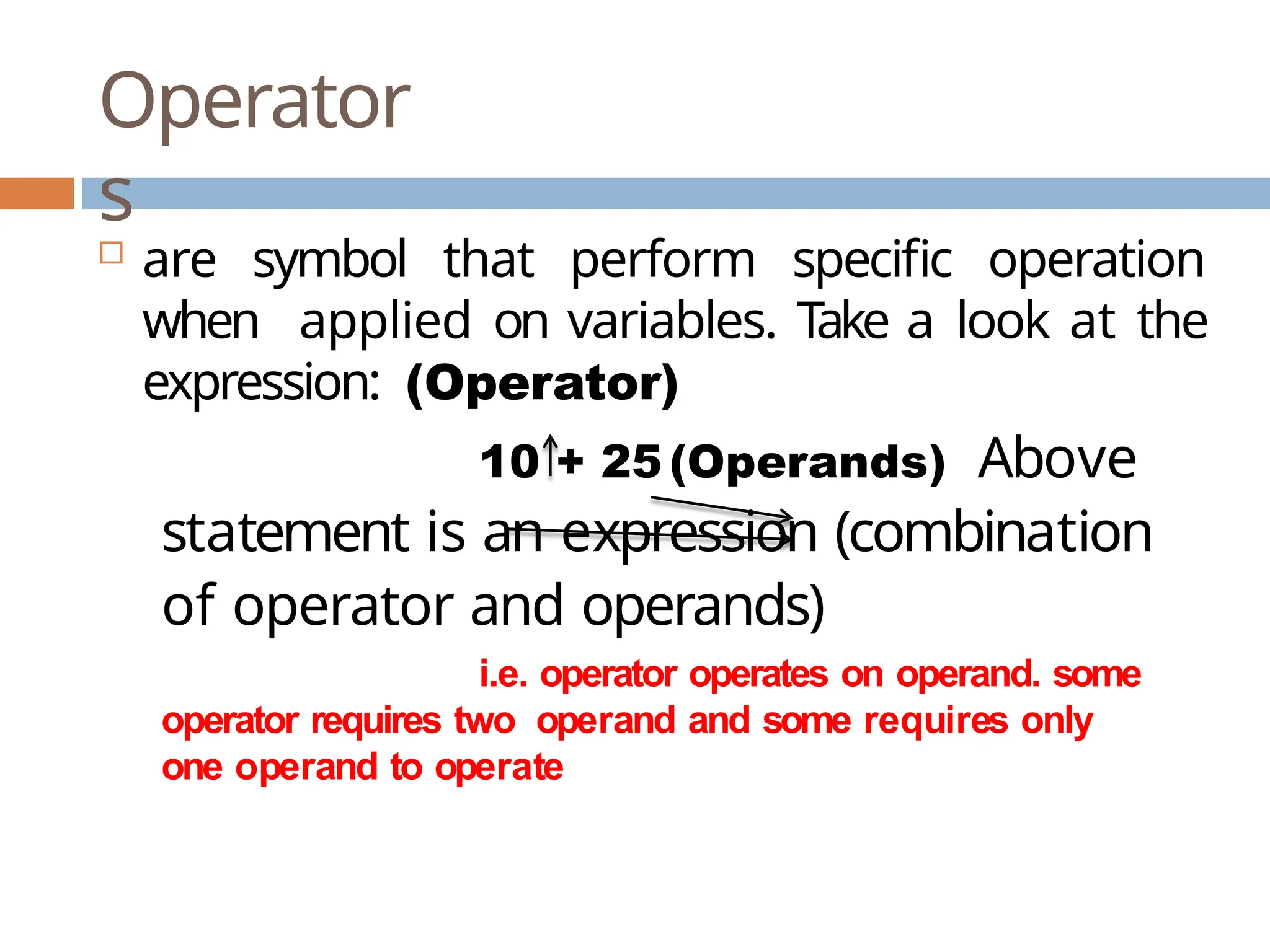Operator s  are symbol that perform specific operation when applied on variables. Take a look at the expression: (Operator) 10 + 25 (Operands) Above statement is an expression (combination of operator and operands) i.e. operator operates on operand. some operator requires two operand and some requires only one operand to operate 