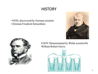 HISTORY
1838: discovered by German scientist
Christian Friedrich Schoenbein
1839: Demonstrated by Welsh scientistSir
William Robert Grove
3
 