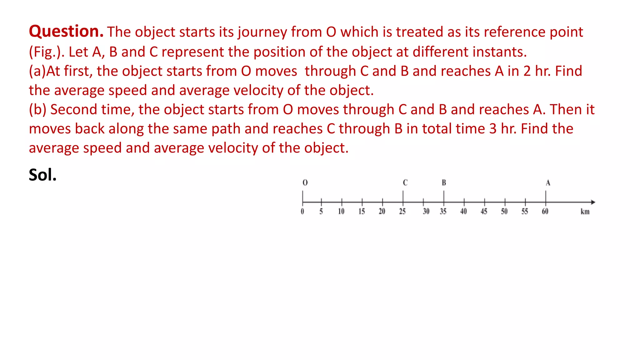 Question. The object starts its journey from O which is treated as its reference point
(Fig.). Let A, B and C represent the position of the object at different instants.
(a)At first, the object starts from O moves through C and B and reaches A in 2 hr. Find
the average speed and average velocity of the object.
(b) Second time, the object starts from O moves through C and B and reaches A. Then it
moves back along the same path and reaches C through B in total time 3 hr. Find the
average speed and average velocity of the object.
Sol.
 