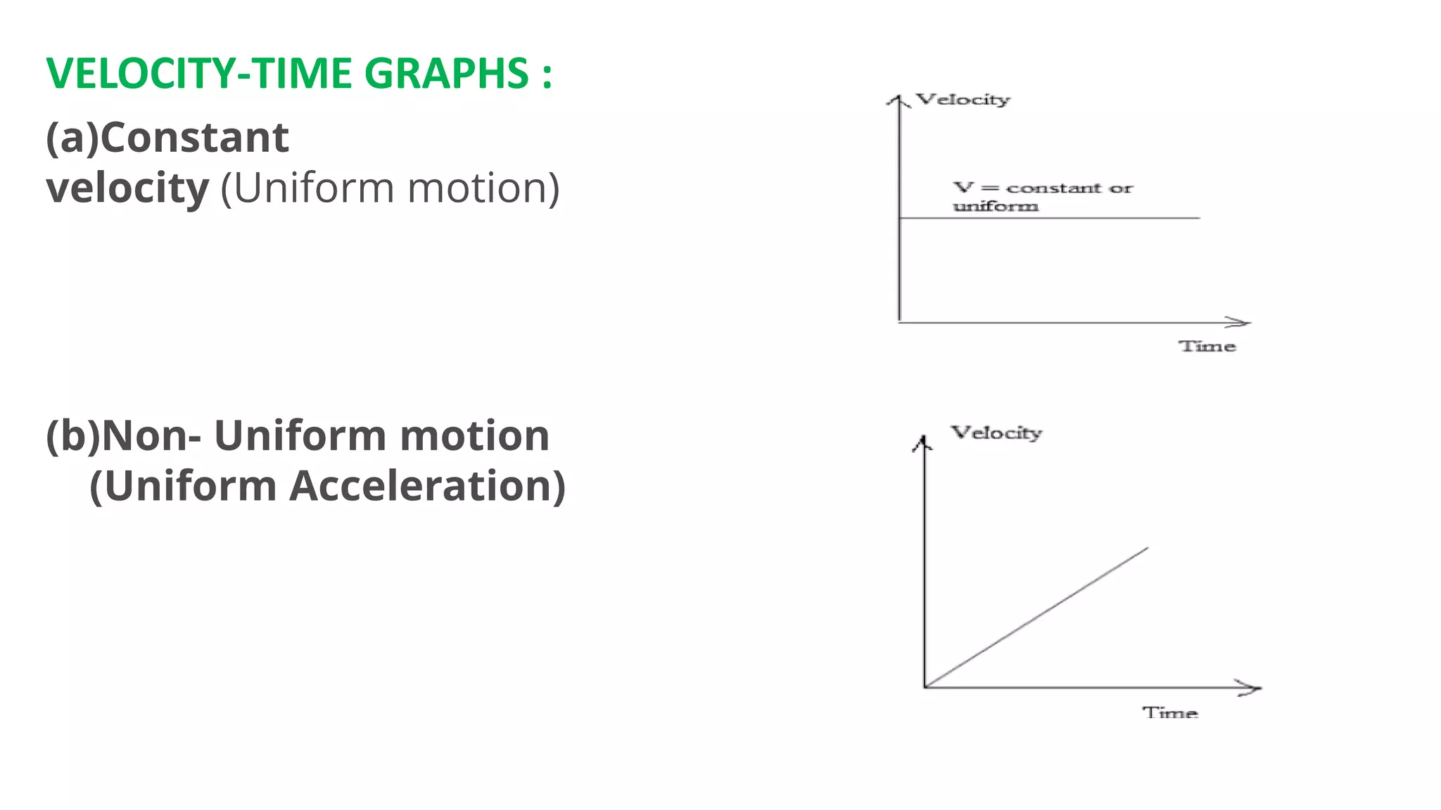 VELOCITY-TIME GRAPHS :
(a)Constant
velocity (Uniform motion)
(b)Non- Uniform motion
(Uniform Acceleration)
 