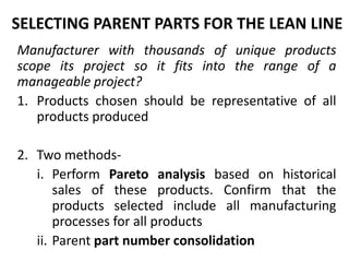 SELECTING PARENT PARTS FOR THE LEAN LINEManufacturer with thousands of unique products scope its project so it fits into the range of a manageable project?Products chosen should be representative of all products producedTwo methods-Perform Pareto analysis based on historical sales of these products. Confirm that the products selected include all manufacturing processes for all productsParent part number consolidation