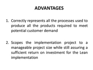  ADVANTAGESCorrectly represents all the processes used to produce all the products required to meet potential customer demandScopes the implementation project to a manageable project size while still assuring a sufficient return on investment for the Lean implementation