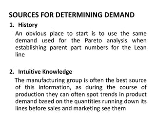 SOURCES FOR DETERMINING DEMANDHistory  	An obvious place to start is to use the same demand used for the Pareto analysis when establishing parent part numbers for the Lean line Intuitive Knowledge The manufacturing group is often the best source of this information, as during the course of production they can often spot trends in product demand based on the quantities running down its lines before sales and marketing see them