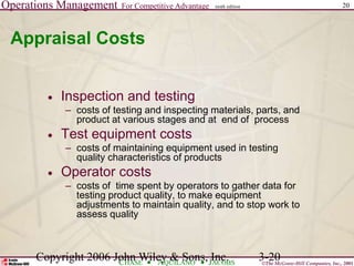 Operations Management For Competitive Advantage
©The McGraw-Hill Companies, Inc., 2001
CHASE AQUILANO JACOBS
ninth edition 20
Copyright 2006 John Wiley & Sons, Inc. 3-20
Appraisal Costs
 Inspection and testing
– costs of testing and inspecting materials, parts, and
product at various stages and at end of process
 Test equipment costs
– costs of maintaining equipment used in testing
quality characteristics of products
 Operator costs
– costs of time spent by operators to gather data for
testing product quality, to make equipment
adjustments to maintain quality, and to stop work to
assess quality
 