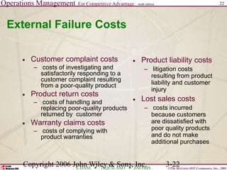 Operations Management For Competitive Advantage
©The McGraw-Hill Companies, Inc., 2001
CHASE AQUILANO JACOBS
ninth edition 22
Copyright 2006 John Wiley & Sons, Inc. 3-22
External Failure Costs
 Customer complaint costs
– costs of investigating and
satisfactorily responding to a
customer complaint resulting
from a poor-quality product
 Product return costs
– costs of handling and
replacing poor-quality products
returned by customer
 Warranty claims costs
– costs of complying with
product warranties
 Product liability costs
– litigation costs
resulting from product
liability and customer
injury
 Lost sales costs
– costs incurred
because customers
are dissatisfied with
poor quality products
and do not make
additional purchases
 